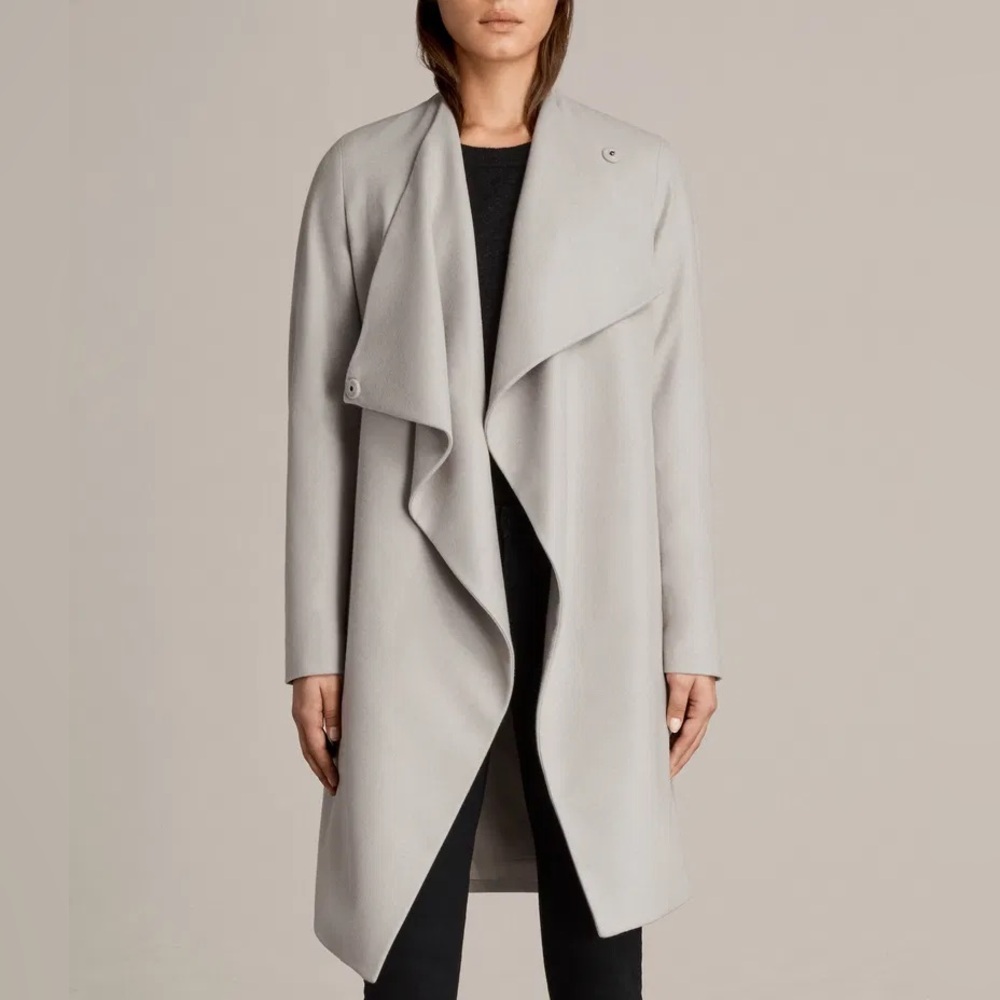 All Saints Light Gray Draped Open Front Cardigan Coat